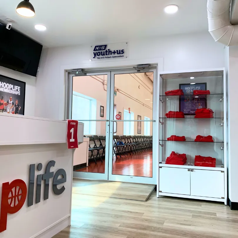 Image of HoopLife Entrance to Gym with K+S Logo on Acrylic Sign