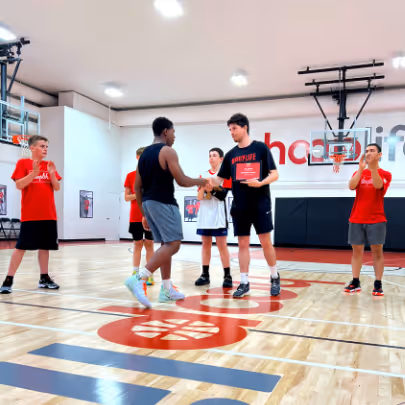 Young boys practicing basketball dribbling drills on an indoor court with a coach observing in the background.