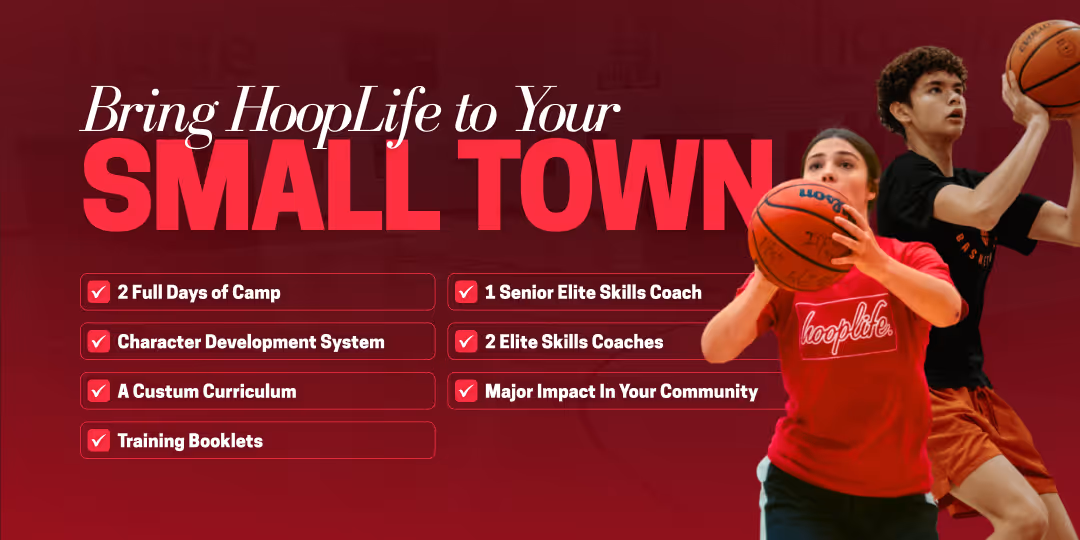 Banner promoting HoopLife basketball camp for small towns with benefits like full camp days, character development, elite coaches, custom curriculum, and community impact, featuring two young players with basketballs.