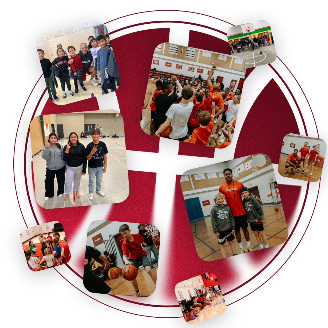 Collage of diverse groups of children and young adults engaging in various indoor basketball activities and smiling for group photos.